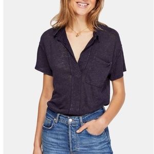 Free People The Posh V-Neck Cotton Linen Tee Intergalactic Purple XS